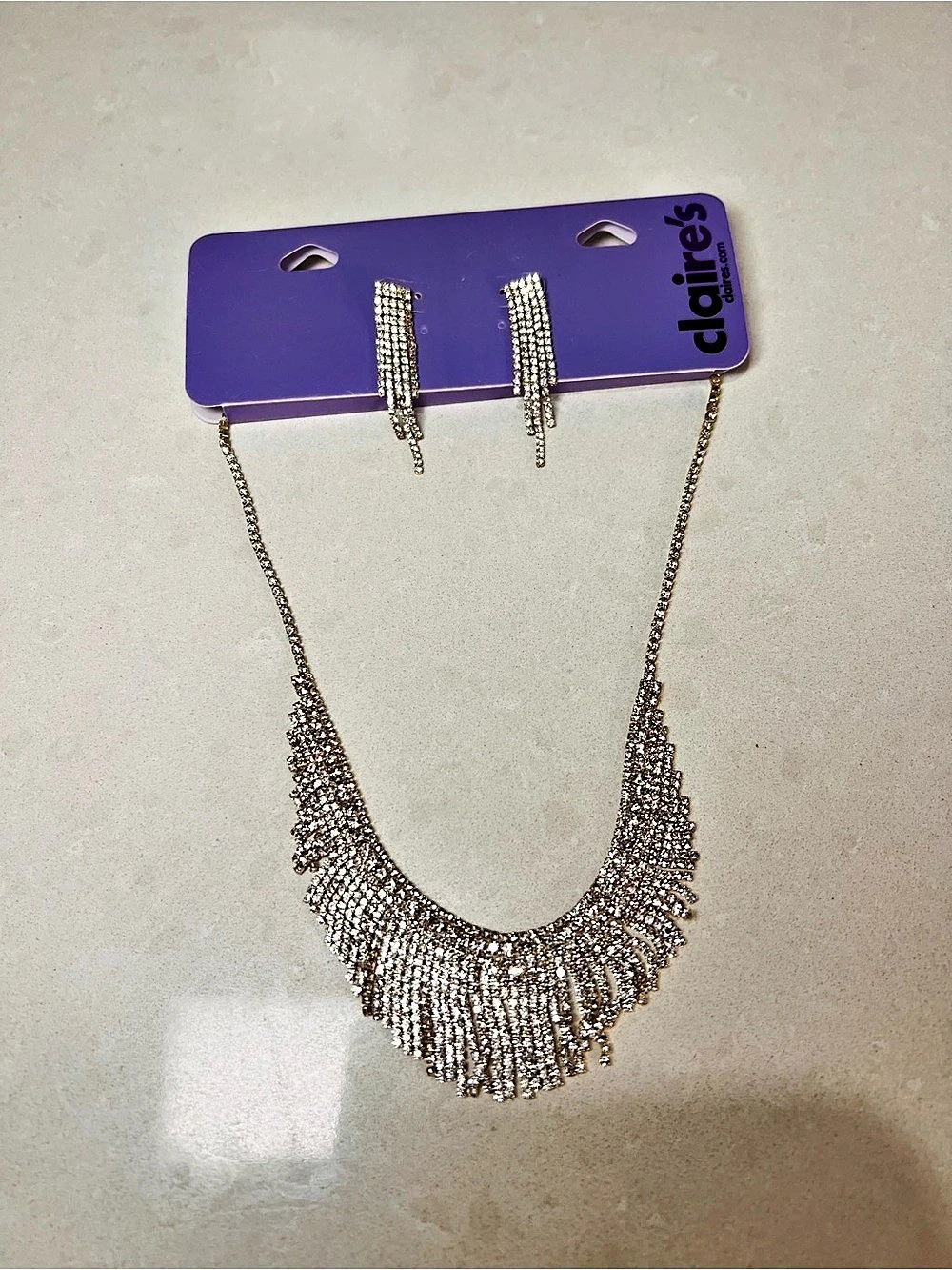 claire's Silver Crystal Fringe Statement Necklace & Drop Earrings Set Necklace